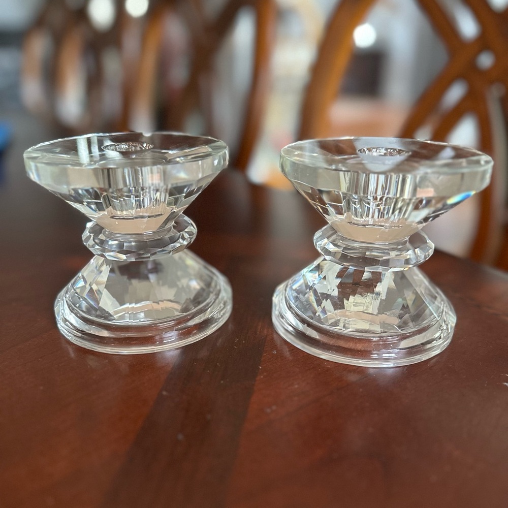 Stunning Pair of Multi Faceted Clear Crystal Candle Holders Mint Condition